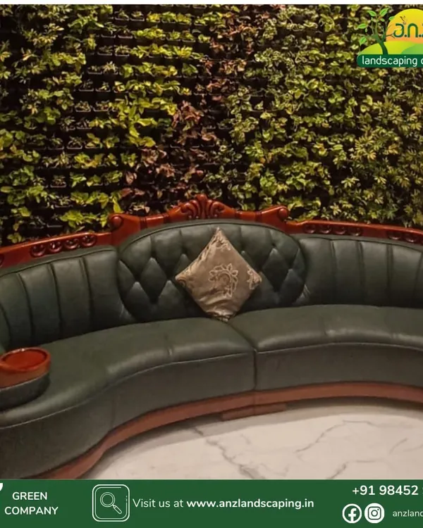 This view shows how our indoor living wall complements classic, luxurious furniture. The rich green foliage provides a natural, textured backdrop that enhances the elegance of the room's interior design.