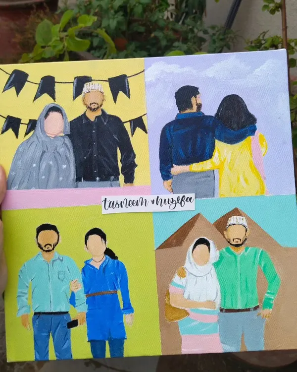 A custom family portrait collage painted on a single canvas. I recreated four different family photos in my faceless portrait style, creating a unique and personal piece of art.