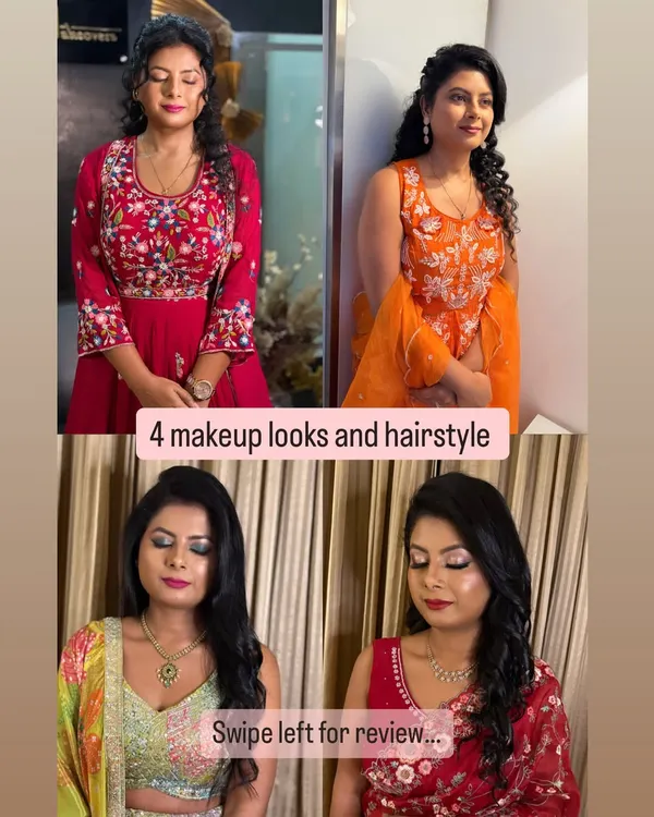 A collage showing four different makeup and hairstyle looks for one client for a cousin's wedding. Swipe to see her glowing review.