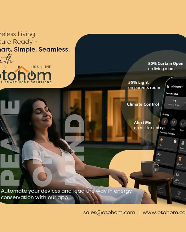 Find your peace of mind with our seamless mobile app. This graphic illustrates how you can manage everything from lighting and curtains to climate control and visitor alerts, all while you relax.