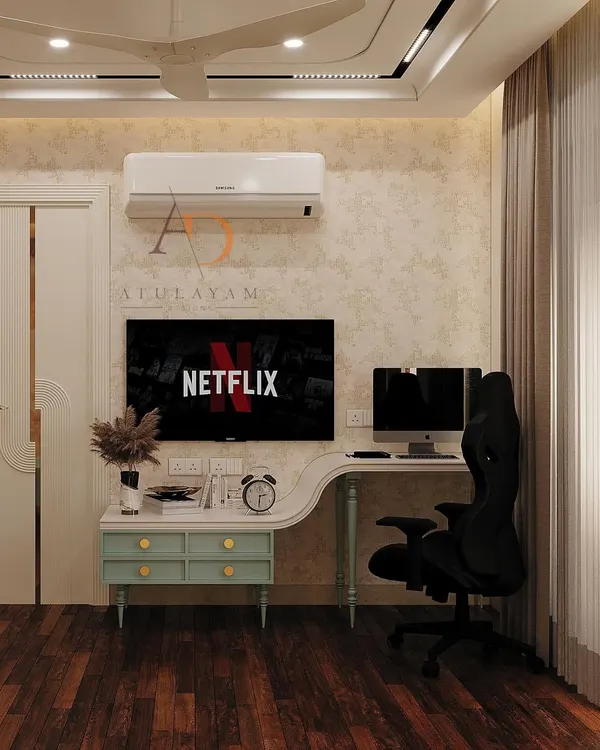 A bedroom workspace featuring a unique curved desk that combines a study area with a vanity, set against a nature-inspired wallpaper.