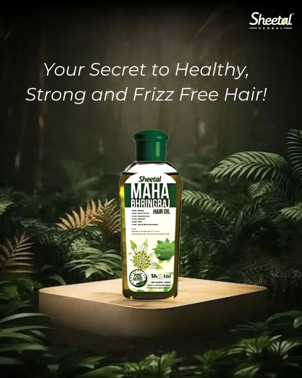 Discover the secret to healthy, strong, and frizz-free hair with our Sheetal Maha Bhringraj Hair Oil. This image showcases our natural formula, designed to revitalize your hair, promote growth, and give it a beautiful, natural shine.