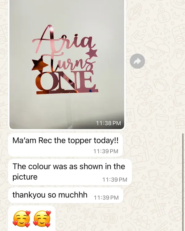 "The colour was as shown in the picture, thankyou so muchhh." It's so important to me that what you see is what you get. I'm thrilled this customer was happy with her rose gold "Aria Turns ONE" topper.
