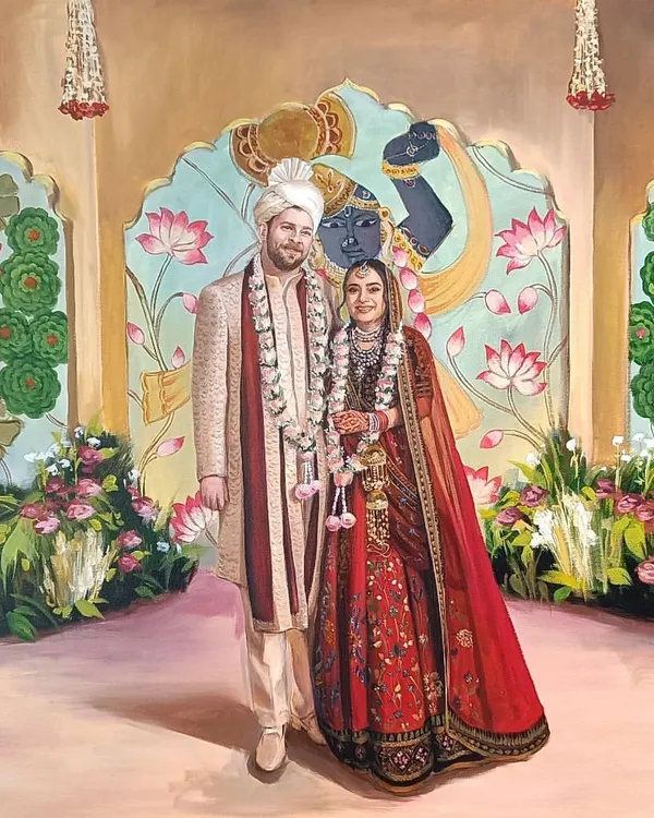 A beautiful wedding portrait set against a backdrop inspired by Lord Krishna and lotus flowers, painted live in Delhi. This piece showcases my ability to capture both the couple and the rich cultural theme of their event.
