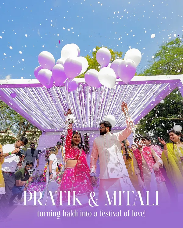 A Haldi ceremony that turned into a festival of love. The couple's entry amidst a shower of confetti and a release of purple and white balloons created a moment of pure, cinematic joy.