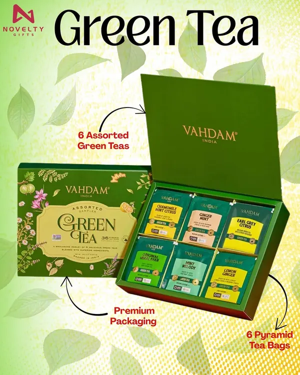 For the green tea lovers, I offer this premium Vahdam gift set. It includes six assorted green teas in pyramid tea bags, presented in an elegant box.