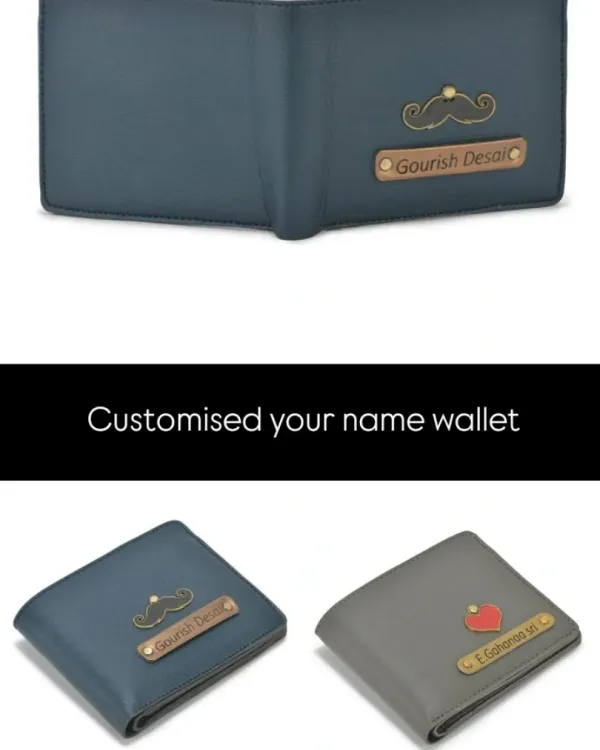 I offer a variety of wallet colors and charm options. Here you can see a blue wallet with a mustache charm and a grey wallet with a heart charm, both customized with a name.