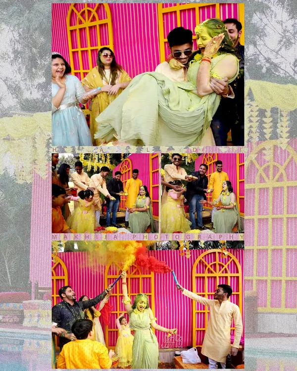 A Haldi ceremony is incomplete without some fun and mischief. This collage captures it all, from the groom lifting the bride to the explosion of colors with smoke bombs.