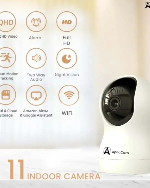 Meet the Z11, our most popular indoor camera. This graphic highlights its key features like 2K QHD video, human motion tracking, and two-way audio, making it an all-in-one solution for keeping an eye on your home or office.