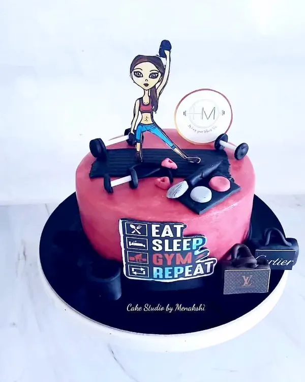 A fun cake for the girl who loves to gym and shop. This design features a caricature, gym equipment, and luxury shopping bags, capturing her favorite things.