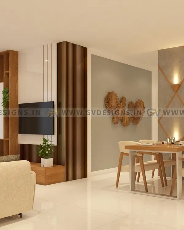 This living and dining area features a magnificent TV unit made of rafter wood with integrated display shelves. Adjacent to it, a chic dining set sits against a textured accent wall with unique wall sconces, creating a harmonious and contemporary space.