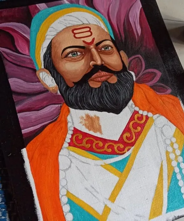A work-in-progress shot of the Shivaji Maharaj portrait, showing how I build up layers of acrylic paint to create depth and detail in the clothing and expression.