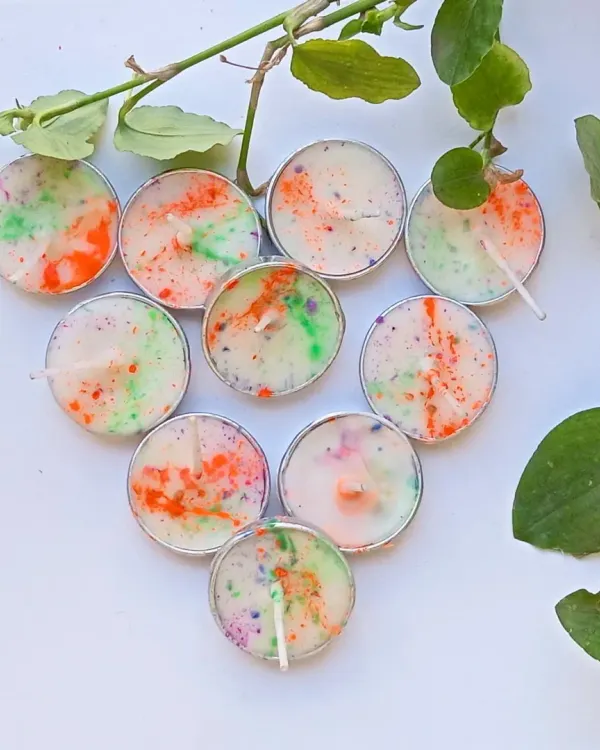 My "Colors of Joy" collection for Holi. These peach-scented soy wax tealights are sprinkled with vibrant, skin-safe colors to celebrate the festival in an eco-friendly way.