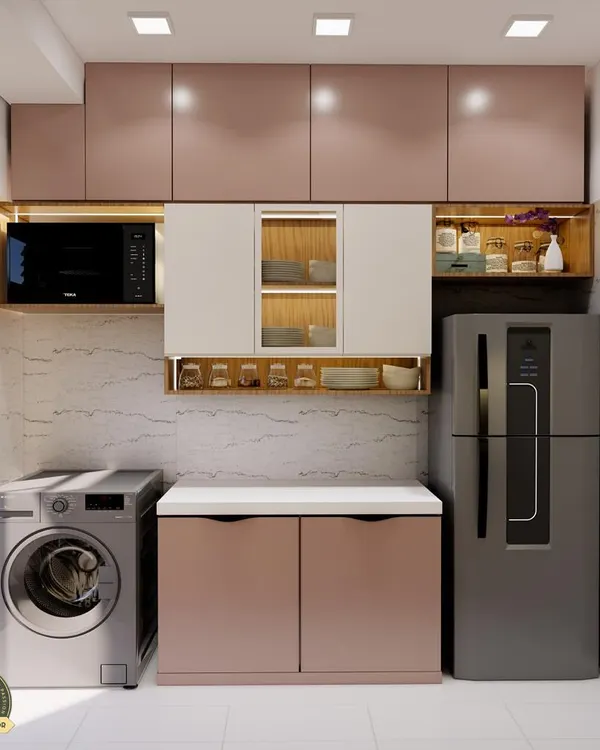 This is a 3D design of a parallel kitchen layout. It shows how we plan for appliance placement, like the washing machine and fridge, while maximizing cabinet and counter space.