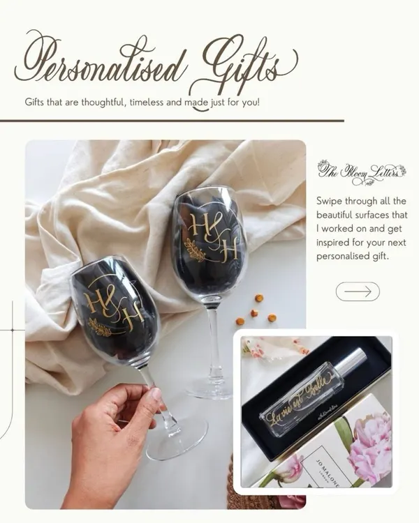 An overview of the personalized gifts I create. From engraved wine glasses to perfume bottles, each gift is made to be thoughtful, timeless, and just for you.