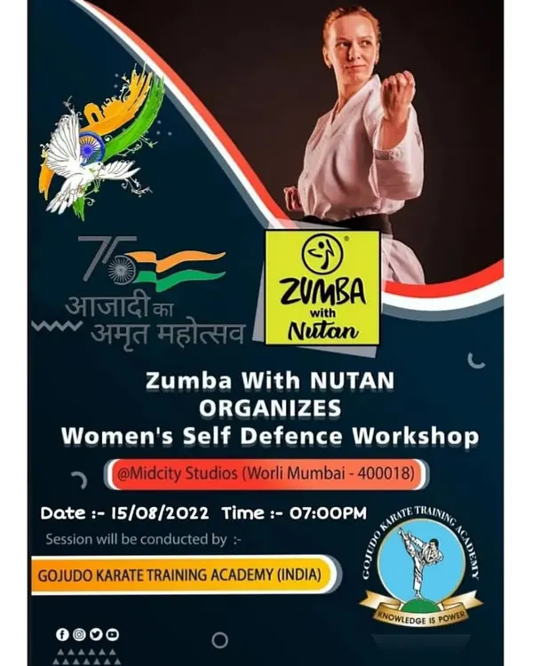 We often collaborate with other community wellness groups to spread the knowledge of self-defense. This poster announces our workshop organized with 'Zumba with Nutan' at Midcity Studios in Worli, combining fitness with personal safety.