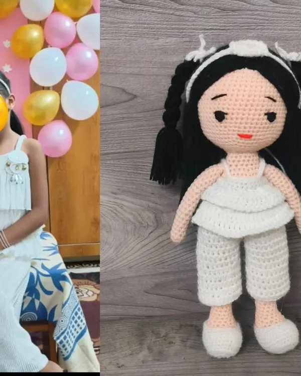 I can make a doll that looks just like your child. This one was made from a photo of a girl in her white party dress. Seeing the happy smile on her face was the best reward.