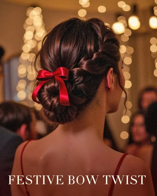 This festive bow twist is a sophisticated updo perfect for any celebration. The intricate twist is secured at the nape of the neck and adorned with a simple red ribbon, creating an elegant and polished party look.