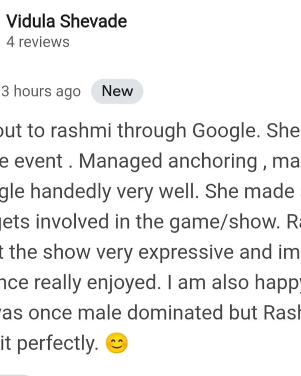 This Google review from a wonderful client, Vidula ji, truly made my day. Her words perfectly describe what I aim to do: single-handedly manage anchoring, magic, and games to ensure everyone is involved and has an impressive, expressive, and enjoyable time.