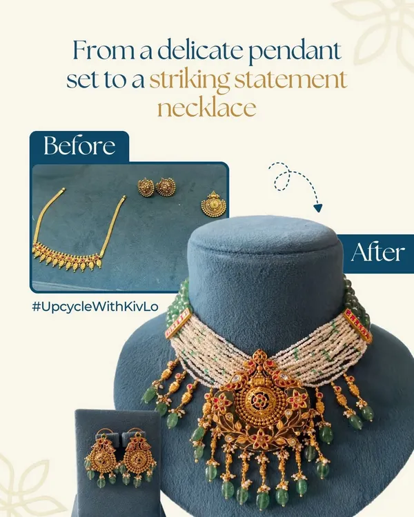 A delicate pendant set was the starting point for this striking statement necklace. We used the original pieces and added multiple strands of beads and new hangings to create a grand piece for a mother to wear at her daughter's wedding.