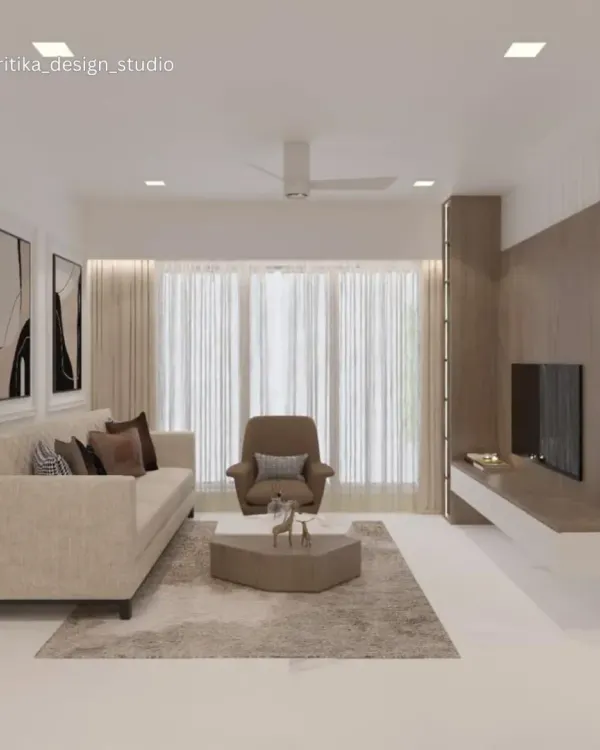 This living room concept embodies minimalist chic. A neutral color scheme of beige and brown, paired with a simple floating TV unit and abstract art, creates a calm and sophisticated atmosphere that feels both modern and timeless.