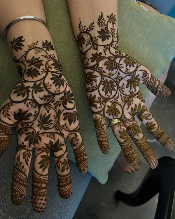 A beautiful and unique design featuring a full net of lotus flowers covering the palms. This is a modern take on the traditional jaal pattern.