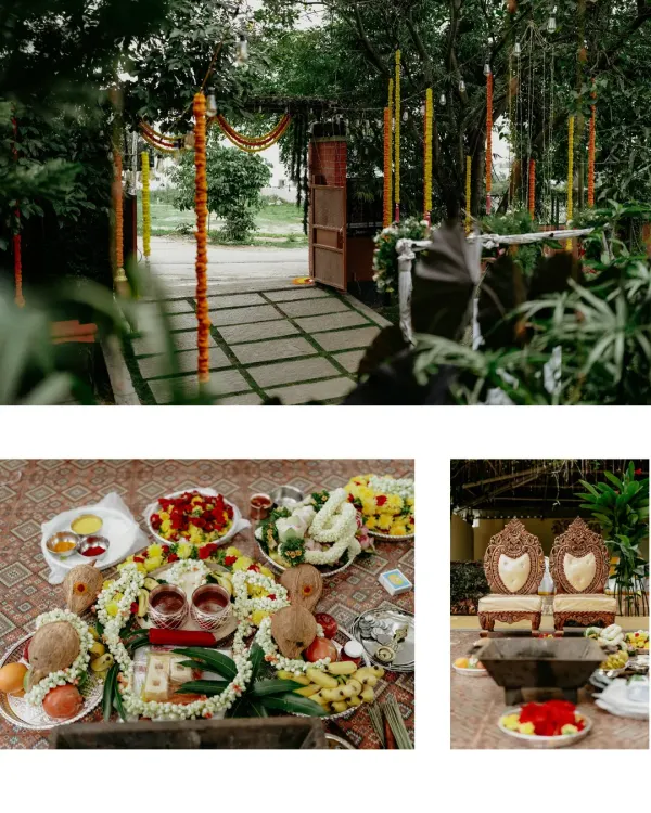 A glimpse into the detailed planning of a naming ceremony, showcasing the entrance decor, sacred pooja thali, and ornate seating for the main event.