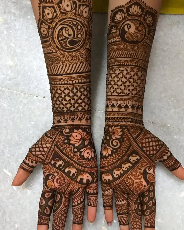I feel so proud when I see the work my students create. This is a full bridal mehndi design, complete with intricate details like elephants and peacocks, all done by one of my talented daughters after taking my course.