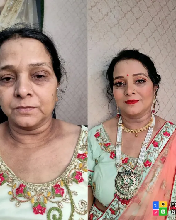 This is one of my favorite transformations, showing how I approach mature skin makeup. I focused on creating a smooth, even base and adding color to her eyes and lips to give her a fresh, radiant look for the family function without it feeling heavy.