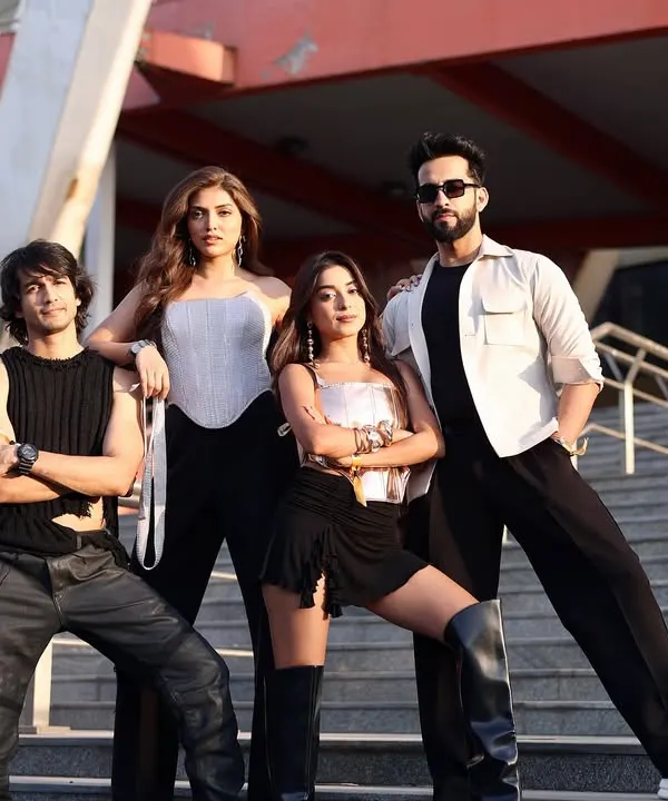 A powerful group pose from the 'Campus Beats' promotional shoot, showcasing the cast's chemistry against an urban backdrop.