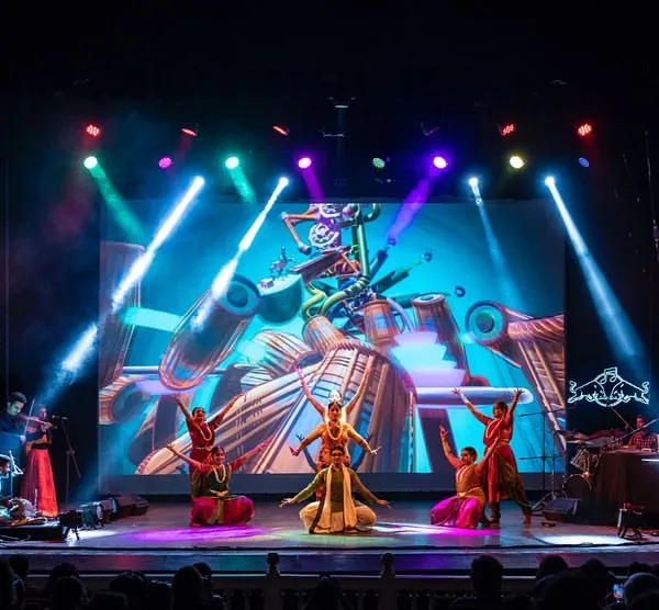 A wide view of the stage for 'Antariksha Sanchar', a dance opera about flight. This production combined live dancers, electronic music, and spectacular animated visuals to tell a story rooted in Indian imagination.
