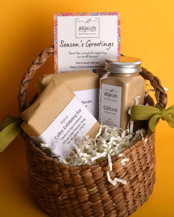 This is what a thoughtful gift looks like. We pack our handcrafted soaps and ubtan in beautiful, reusable wicker baskets, using only plastic-free fillers. It’s a perfect sustainable gift for corporate clients, wedding guests, or anyone who deserves a little pampering.