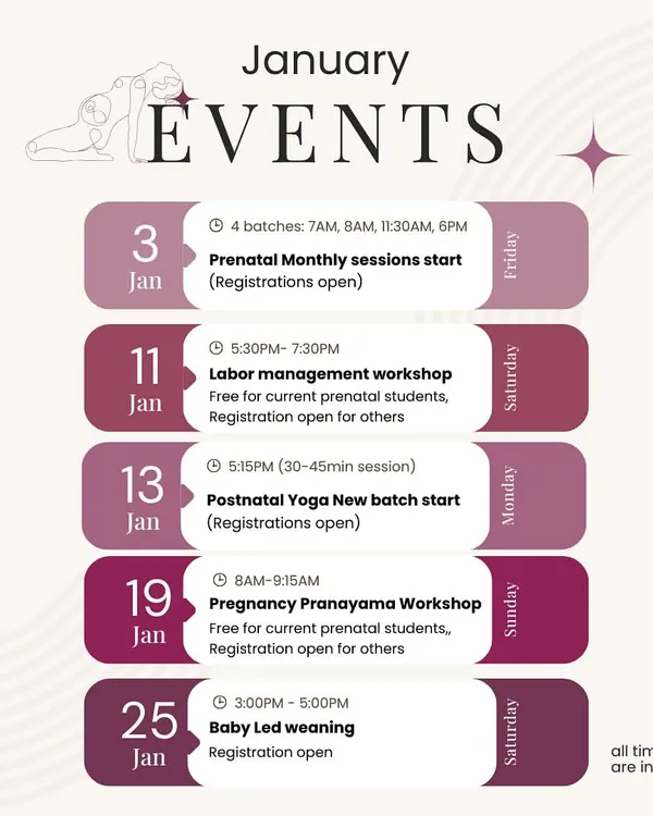 Here is a look at our January event calendar. We offer a mix of regular classes and special workshops like Labor Management and Baby Led Weaning to support you through pregnancy and beyond.