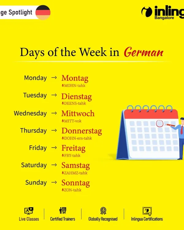 Every language journey starts with the basics. Here are the days of the week in German. Our trainers guide you step-by-step towards fluency using our effective learning methodology.