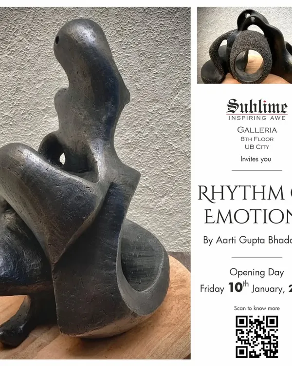 The invitation for 'Rhythm of Emotions' by Aarti Gupta Bhadauria, featuring her signature abstract terracotta sculpture.