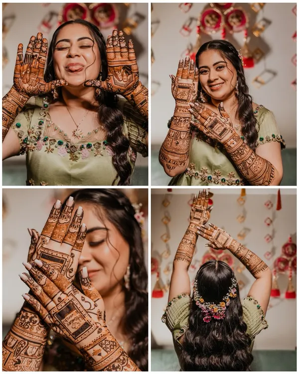 A collage of happy moments from a mehendi session. It's all about capturing the fun, the laughter, and the beauty of the intricate henna art as the bride gets ready for her big day.