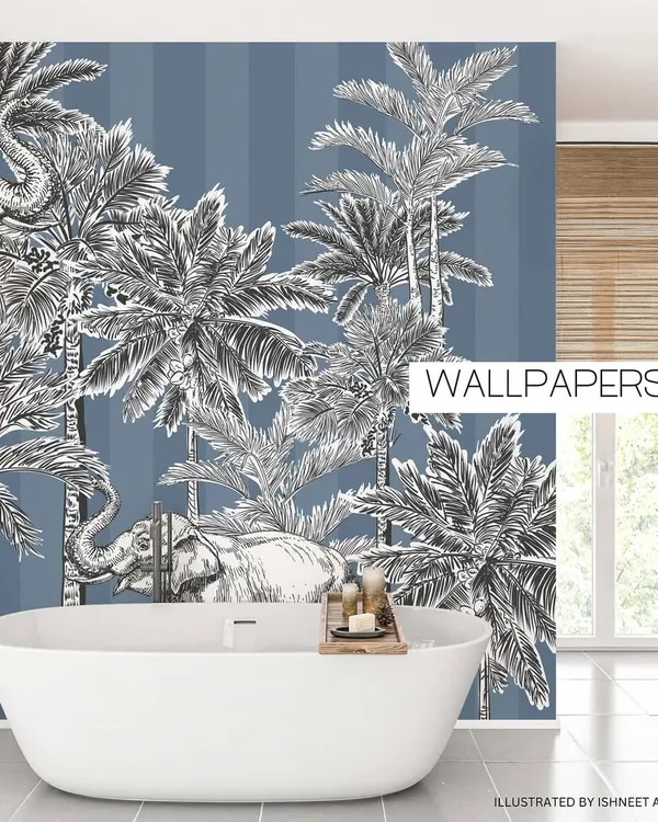 This is how my 'Trunk Tropica' design comes to life as a statement wallpaper. I love creating immersive, hand-illustrated patterns that can turn any room, even a bathroom, into a serene, tropical escape. This black and white elephant and palm tree design brings a touch of elegant nature indoors.