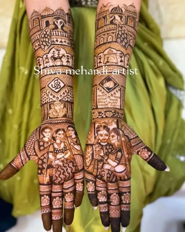 A full bridal mehendi showcasing my specialty in detailed portraiture. This design features a loving couple portrait on the palms, complemented by a depiction of Lord Ganesha for blessings and intricate scenes from the wedding ceremony on the forearms.