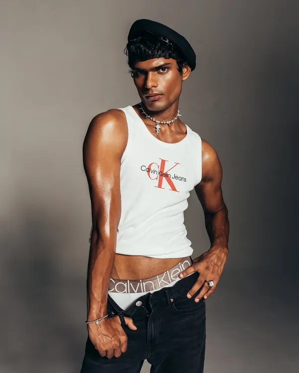 A key shot from a Calvin Klein Jeans campaign I directed. The styling is intentionally simple, using a beret to add a touch of personality while keeping the focus on the iconic logo tank and branded waistband.