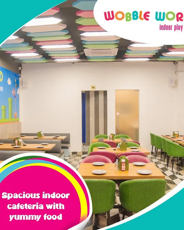 A view of our spacious and clean indoor cafeteria. With comfortable seating and a fun Super Mario themed wall, it's a great place for a meal or a snack.