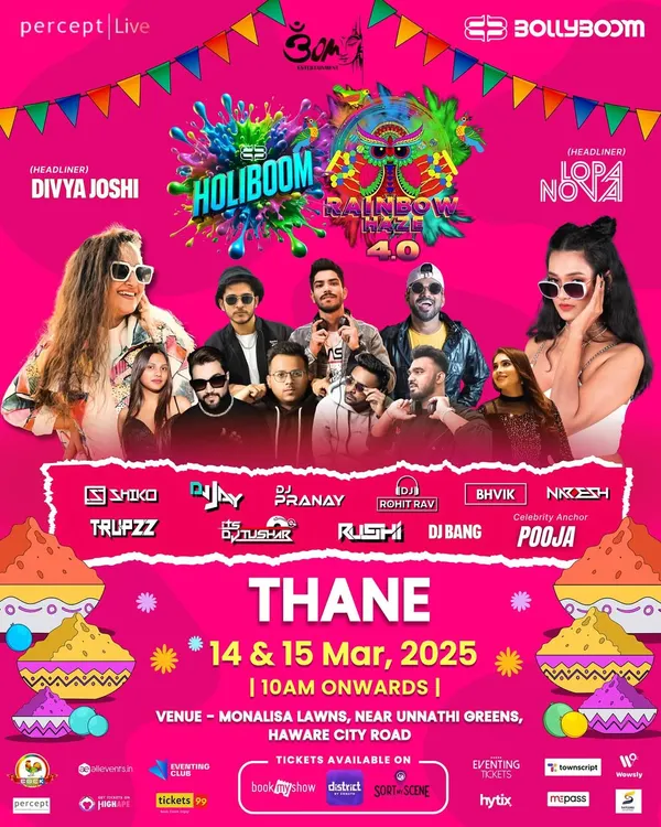 The official poster for Holiboom in Thane. We create unique branding for each city's event while maintaining a consistent overall festival identity, showcasing a diverse lineup of DJs and headliners.