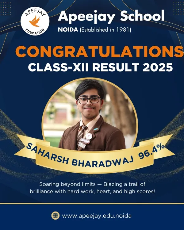 Congratulations to Saharsh Bharadwaj for his stellar performance in the Class 12 CBSE exams, securing an exceptional 96.4%. His dedication is an inspiration to all.