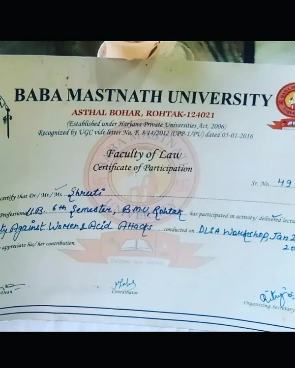 I actively participate in workshops and lectures to deepen my expertise in laws concerning violence against women. This certificate acknowledges my participation in a DLSA workshop on 'Cruelty Against Women & Acid Attacks'.