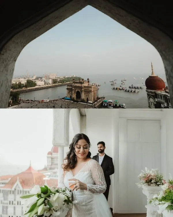 A diptych showcasing a couple's pre-wedding shoot at the Taj Mahal Palace hotel in Mumbai. One frame captures the iconic view of the Gateway of India, while the other shows an intimate moment inside, blending a grand location with a personal story.