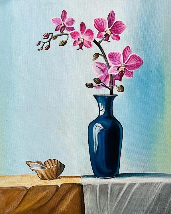 A finished still life painting featuring vibrant pink orchids in a reflective blue vase, set against a soft, blended background. This piece is a celebration of color and light.