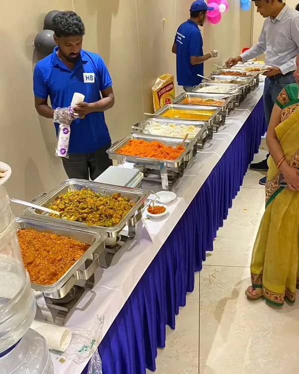A full view of our extensive buffet line, featuring everything from starters and salads to main courses and desserts like Gajar ka Halwa.