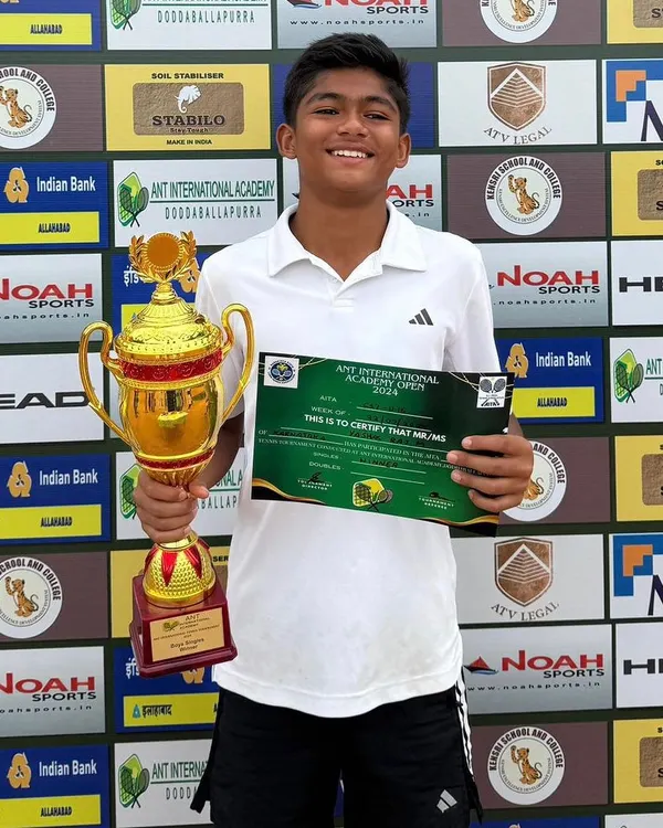 Celebrating a fantastic victory for our academy player Yashas. He stands proudly with his trophy after becoming champion in the CS7 U-16 AITA tournament.