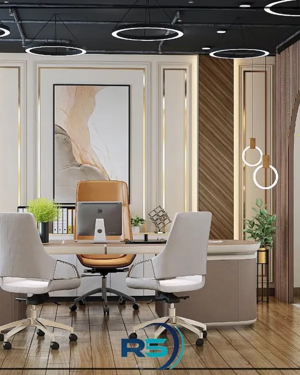 A design for a modern director's cabin, featuring a large executive desk, ergonomic chairs, and a comfortable seating area for discussions. The wall graphic highlights core values like innovation, creativity, and vision.