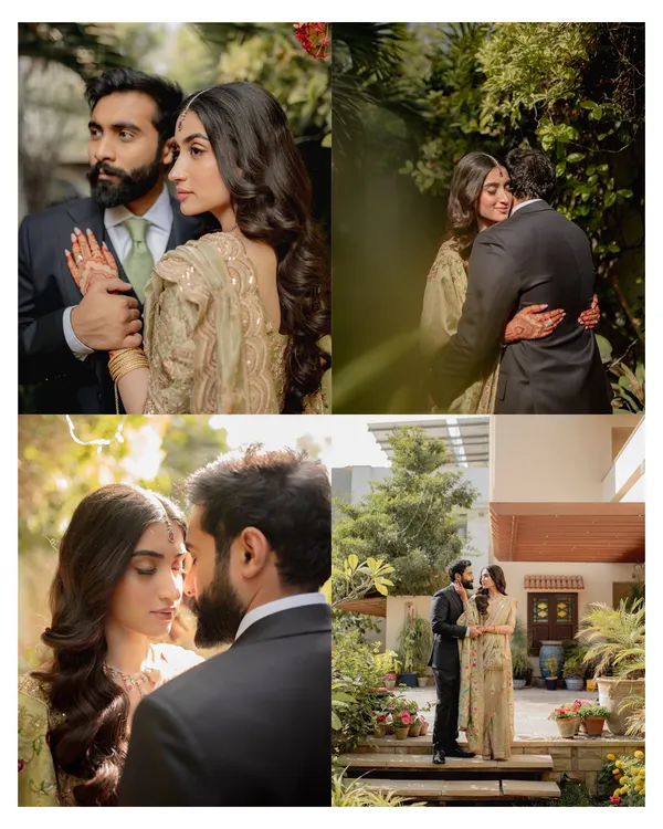 A collage of regal moments from an elegant engagement session. It showcases a variety of poses, from classic portraits to candid embraces, all set within a beautiful garden that complements the couple's sophisticated style.