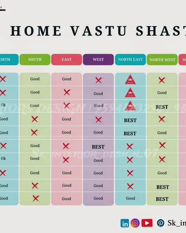 A helpful Home Vastu Shastra chart. We use this as a guide to ensure optimal placement of different rooms and elements like the kitchen, master bedroom, and temple, promoting a positive and harmonious living environment.